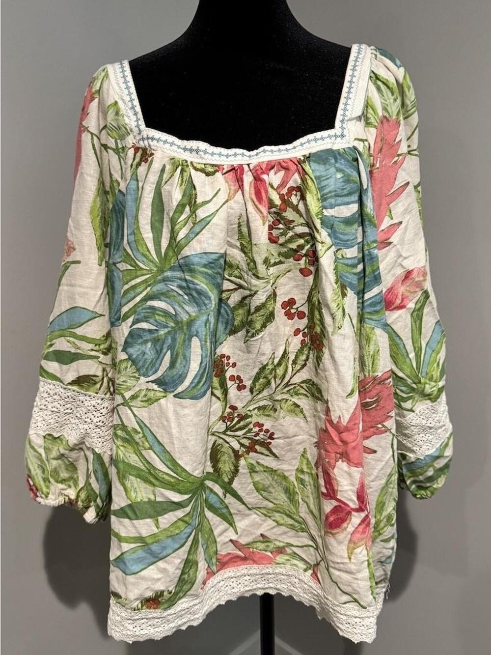 Nicole Miller Blouse Womens 3X Multicolor Floral Linen Crochet Boho Top